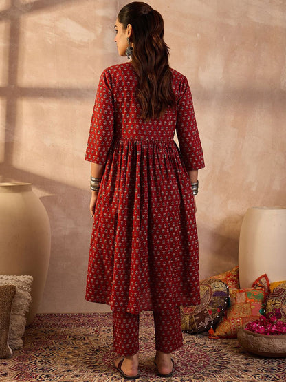 Dhiyona IE Floral Printed V-Neck Pure Cotton Tunic With Trousers