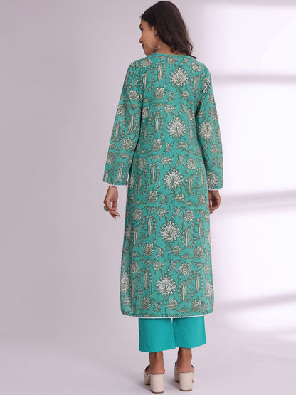 Dhiyona VA Women'sFloral Printed Round Neck Pure Cotton Kurta With Trousers