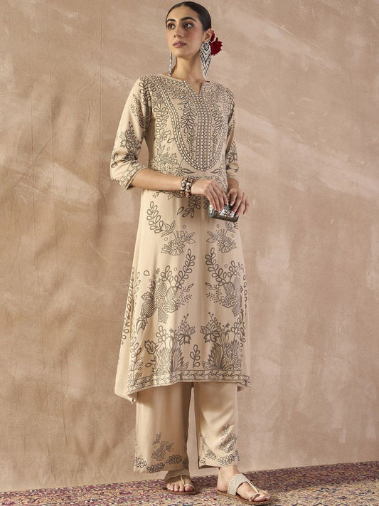 Ethnic Motifs Printed Notch Neck Sequinned Straight Kurta With Trousers
