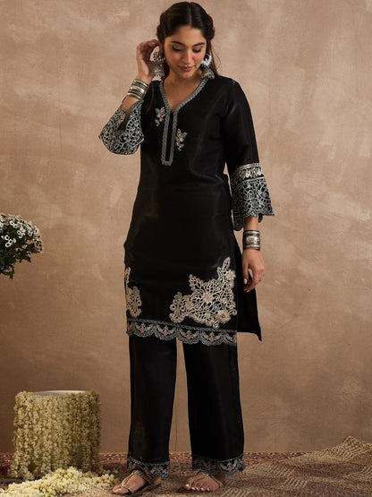 Floral Embroidered V-Neck Thread Work Straight Kurta & Palazzos