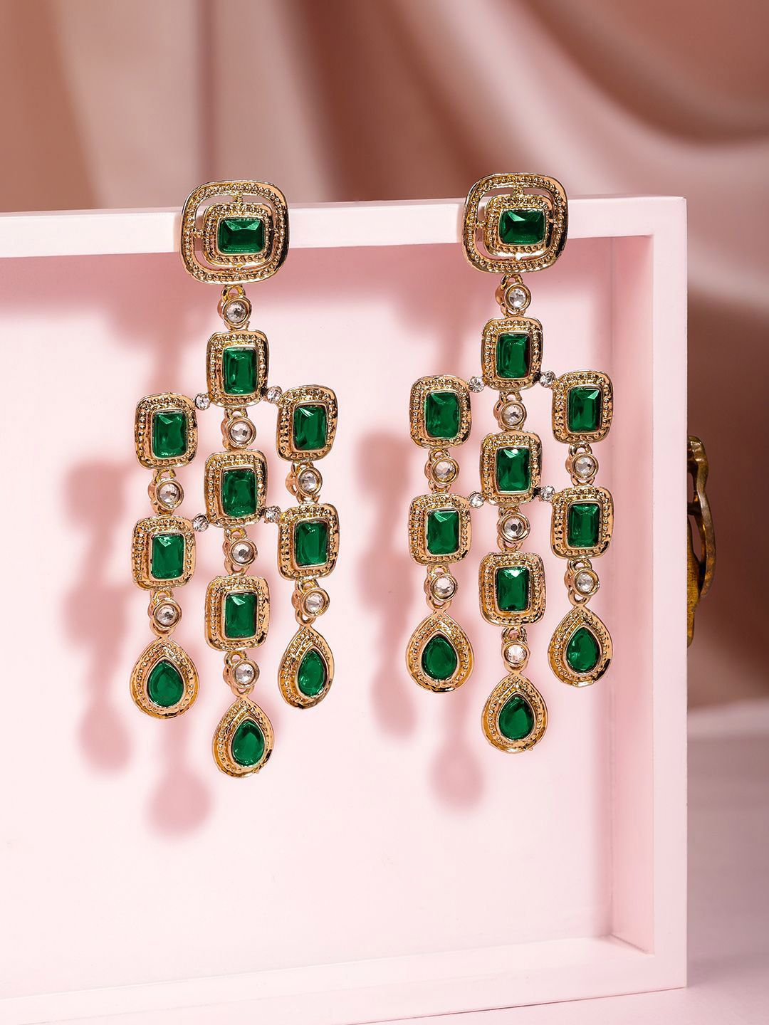 Dhiyona RJ Women's 22K Gold-Plated Emerald Gemstone Studded Chandelier Drop Earrings