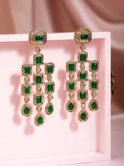 Dhiyona RJ Women's 22K Gold-Plated Emerald Gemstone Studded Chandelier Drop Earrings