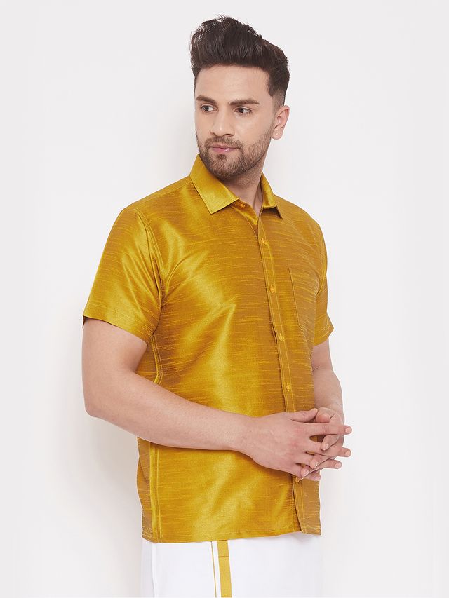 Men's Mustard Silk Blend Straight Shirt And Mundu
