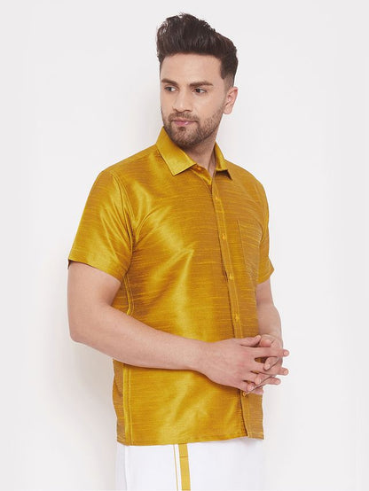 Men's Mustard Silk Blend Straight Shirt And Mundu