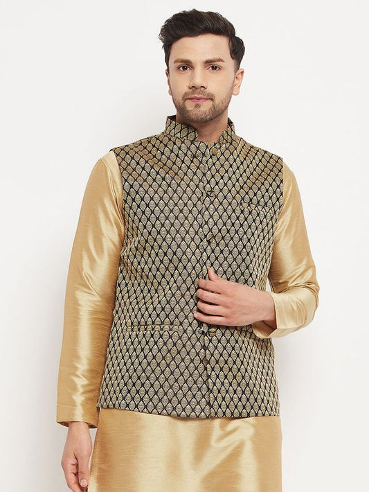 Men's Black Silk Blend Straight Nehru Jacket