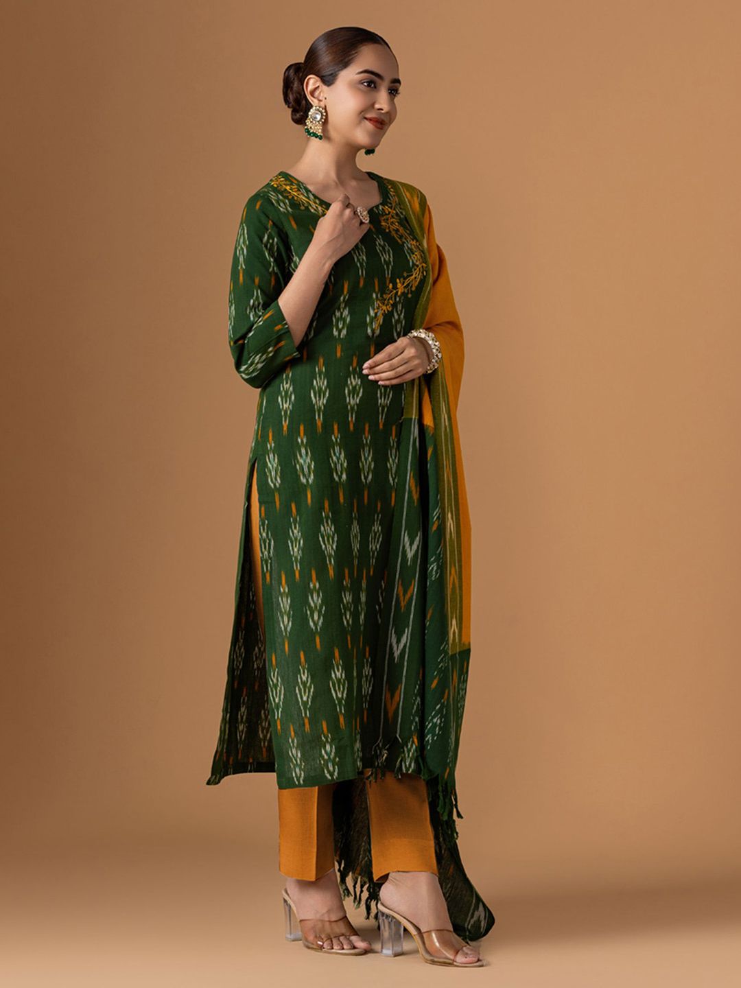 Dhiyona WP Ethnic Motifs Printed Thread Work Pure Cotton Kurta With Trouser & Dupatta