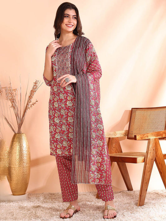 Dhiyona OD  Printed Mirror Work Pure Cotton Kurta With Trousers & Dupatta