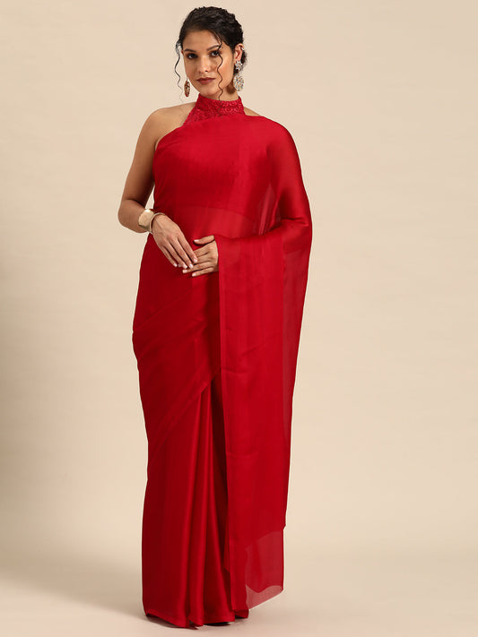Dhiyona GR Women's Naaz Cherry Red Satin Saree