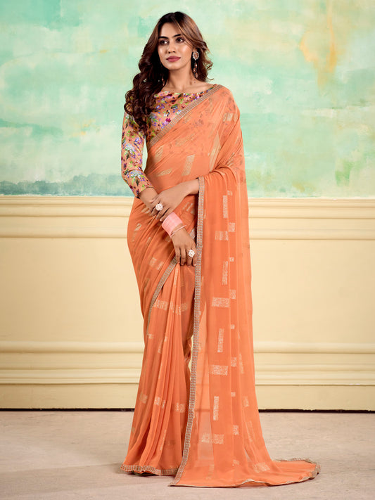 Women's Georgette Peach Embellished Designer Saree With Blouse Piece