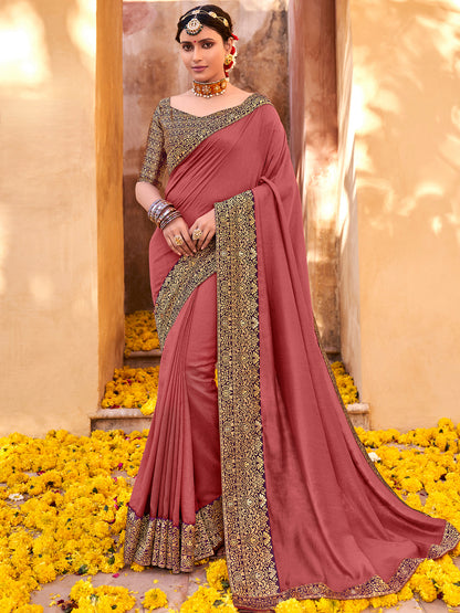 Women's Vichitra Silk mauve Embellished Designer Saree With Blouse Piece