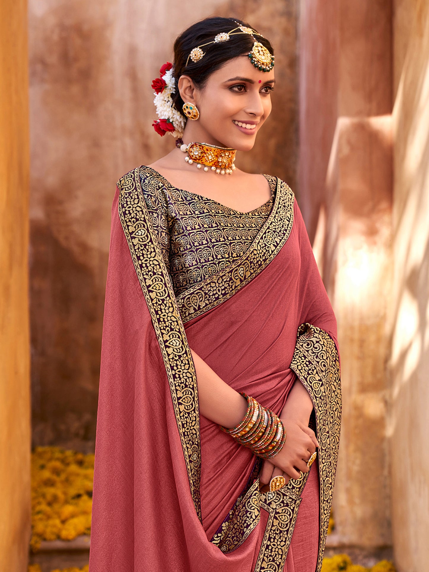 Women's Vichitra Silk mauve Embellished Designer Saree With Blouse Piece