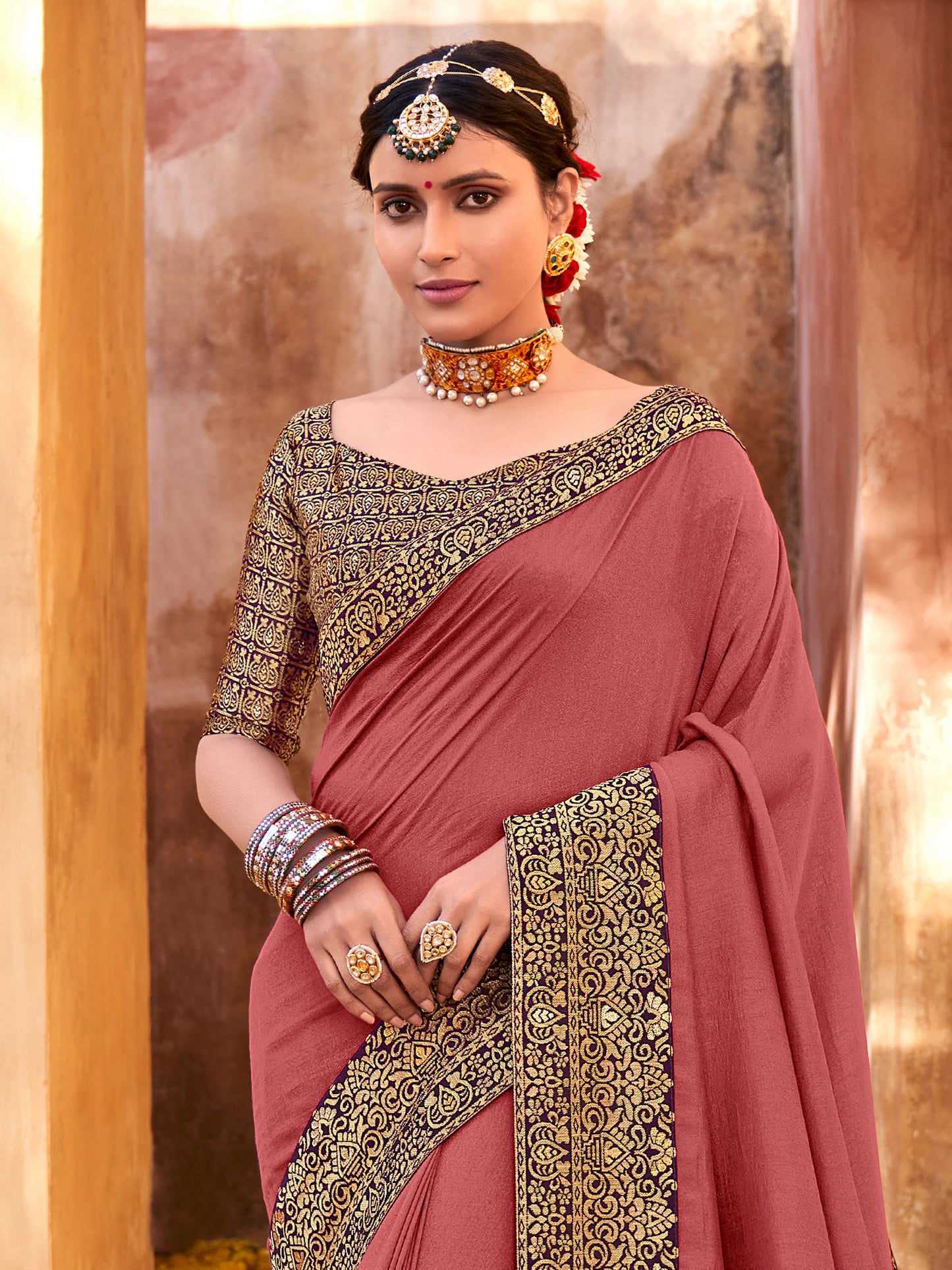 Women's Vichitra Silk mauve Embellished Designer Saree With Blouse Piece
