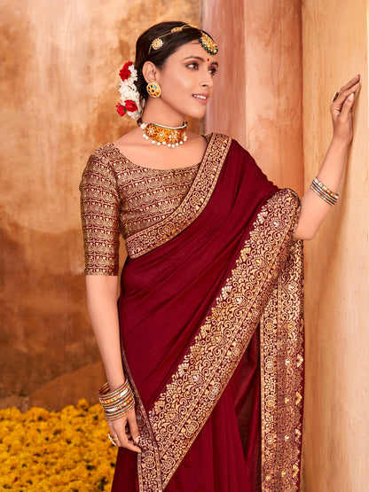 Women's Vichitra Silk Maroon Embellished Designer Saree With Blouse Piece