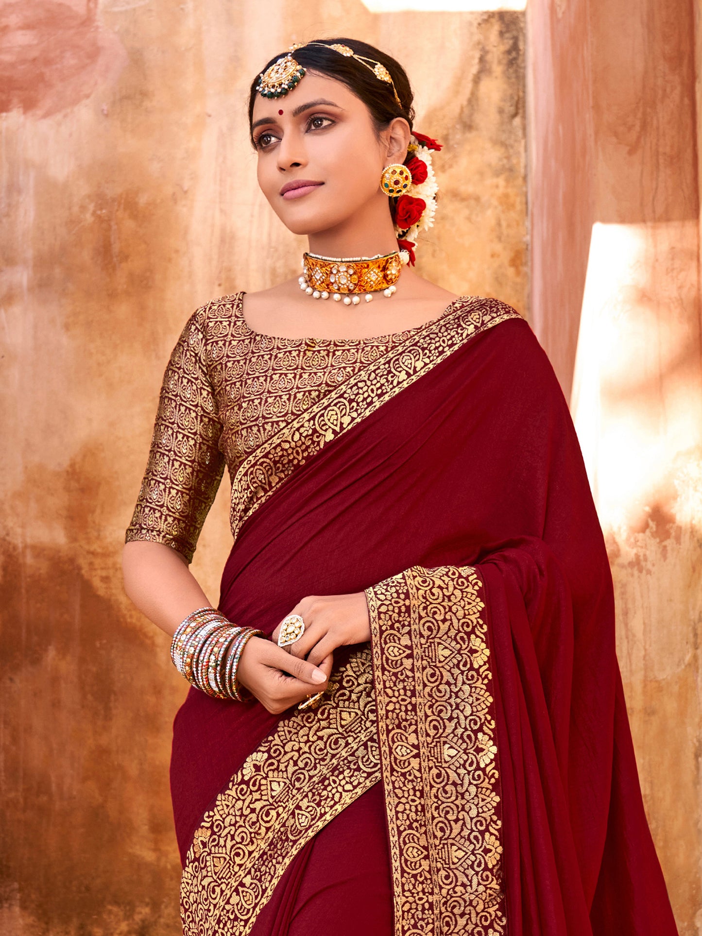 Women's Vichitra Silk Maroon Embellished Designer Saree With Blouse Piece