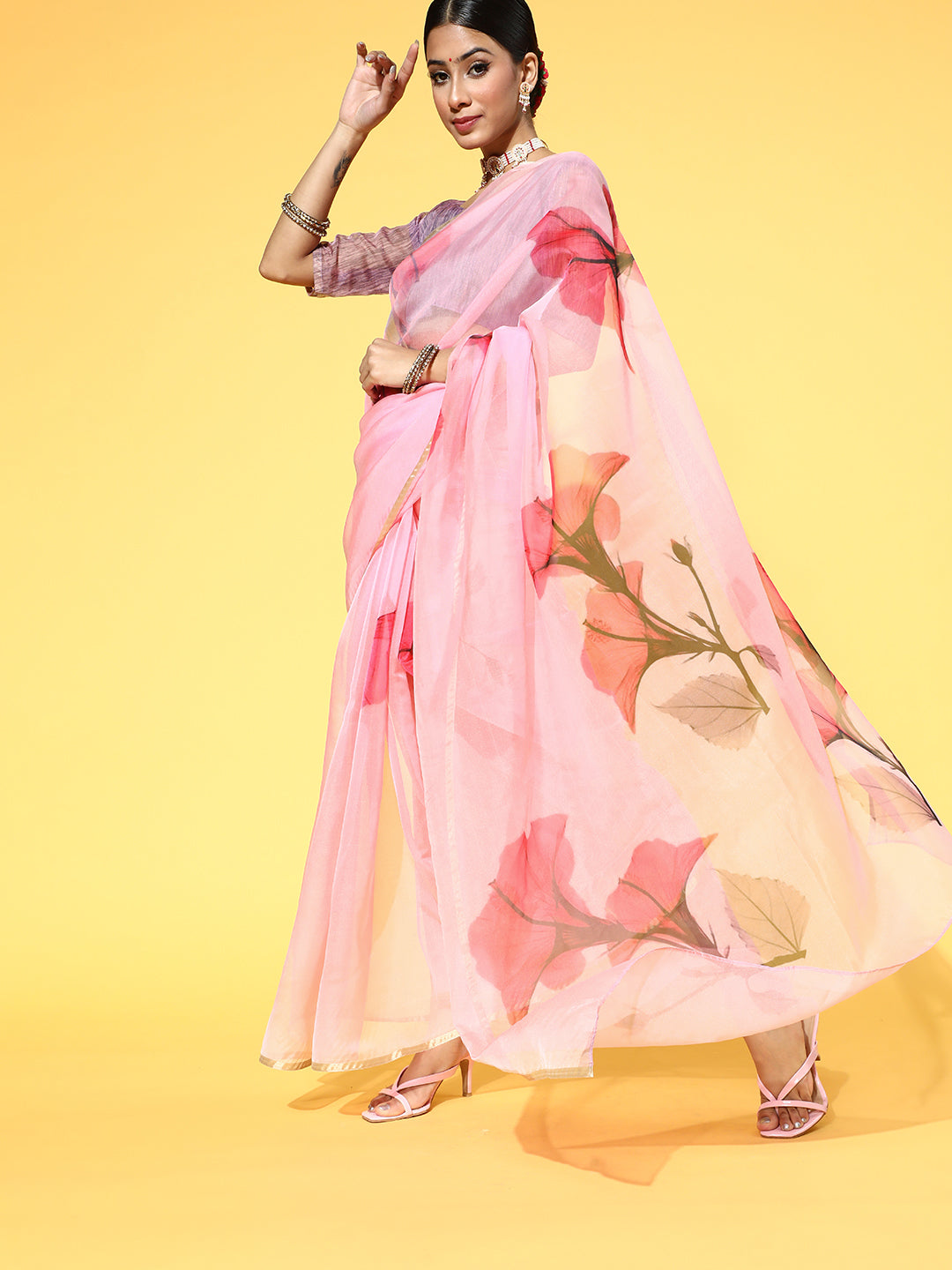Women's Organza Pink Printed Celebrity Saree With Blouse Piece