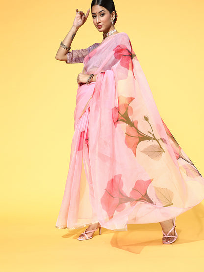 Women's Organza Pink Printed Celebrity Saree With Blouse Piece