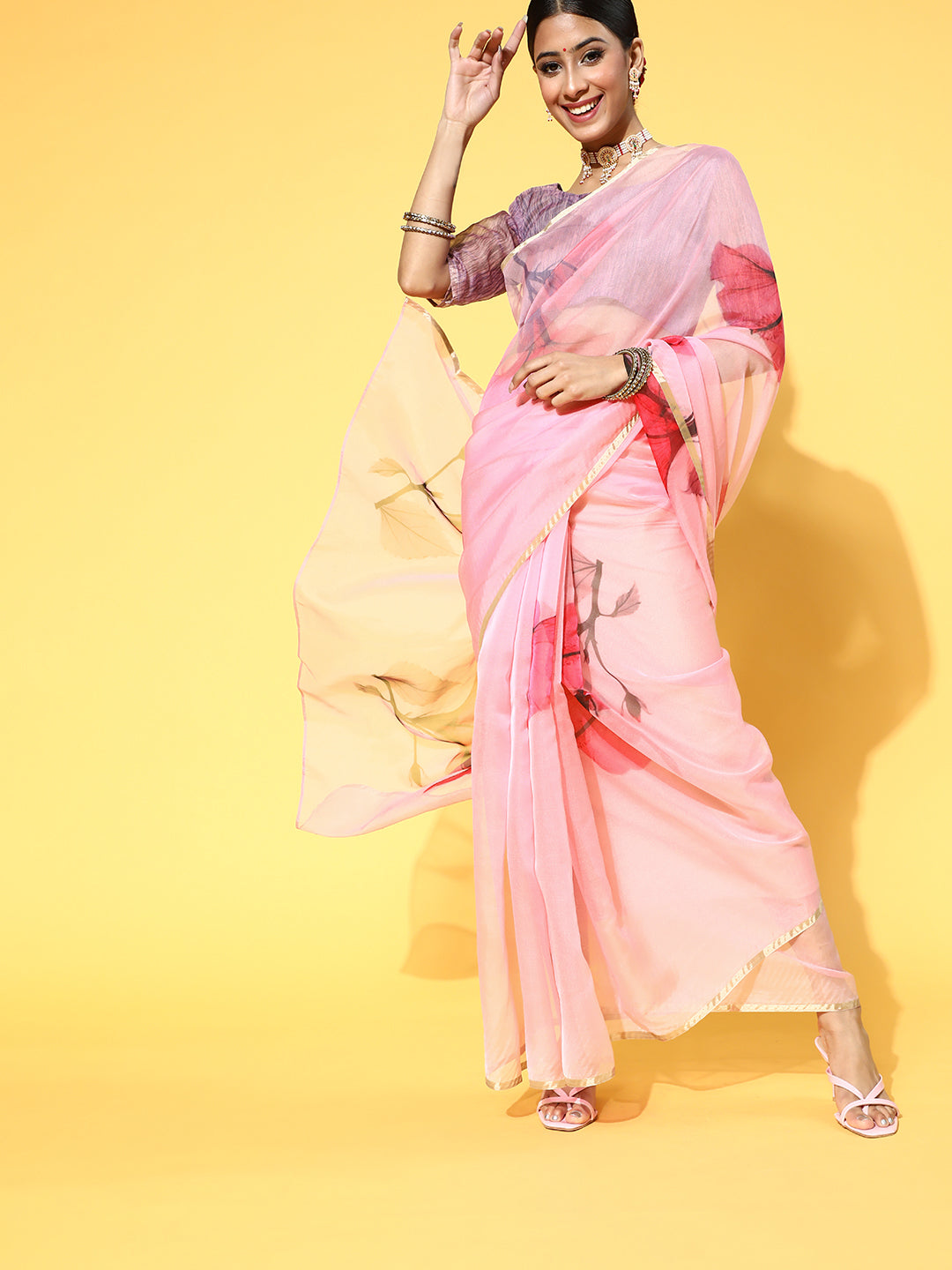 Women's Organza Pink Printed Celebrity Saree With Blouse Piece