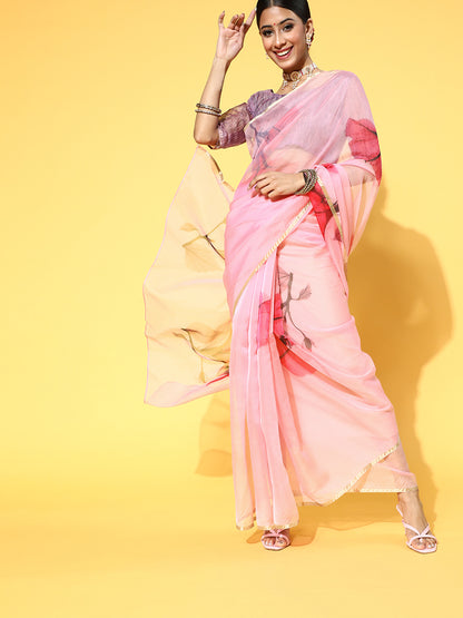 Women's Organza Pink Printed Celebrity Saree With Blouse Piece