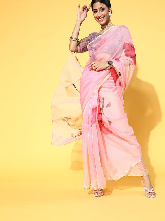 Women's Organza Pink Printed Celebrity Saree With Blouse Piece