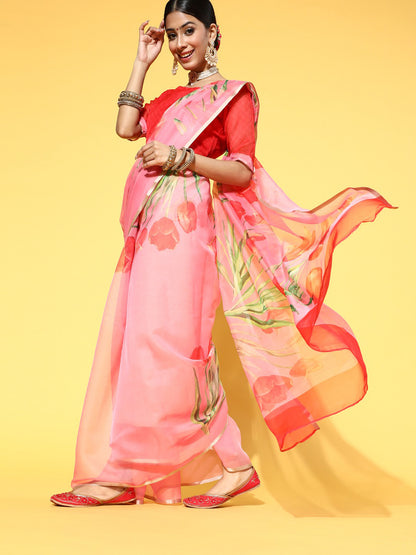 Women's Organza Orange Printed Celebrity Saree With Blouse Piece