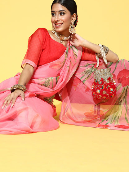 Women's Organza Orange Printed Celebrity Saree With Blouse Piece