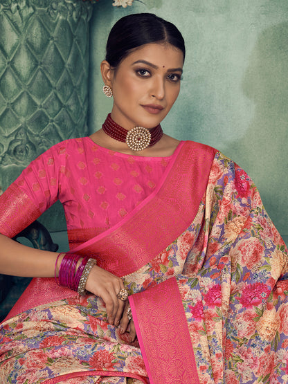 Women's Tussar Silk Cream Digital Print Celebrity Saree With Blouse Piece