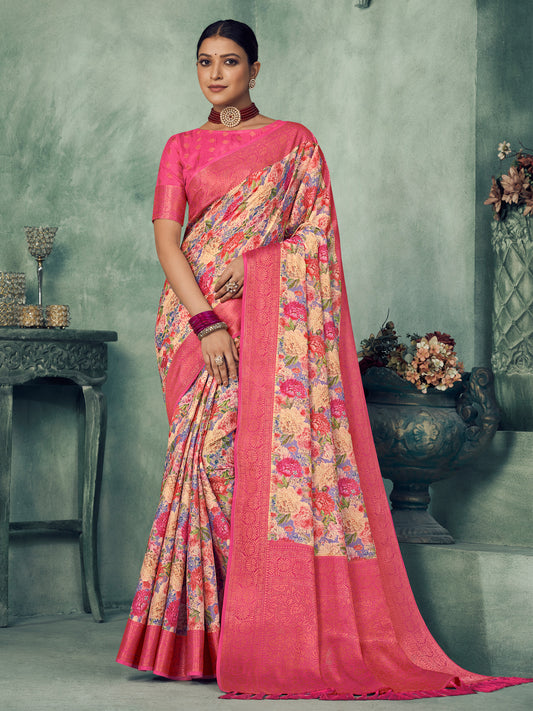 Women's Tussar Silk Cream Digital Print Celebrity Saree With Blouse Piece