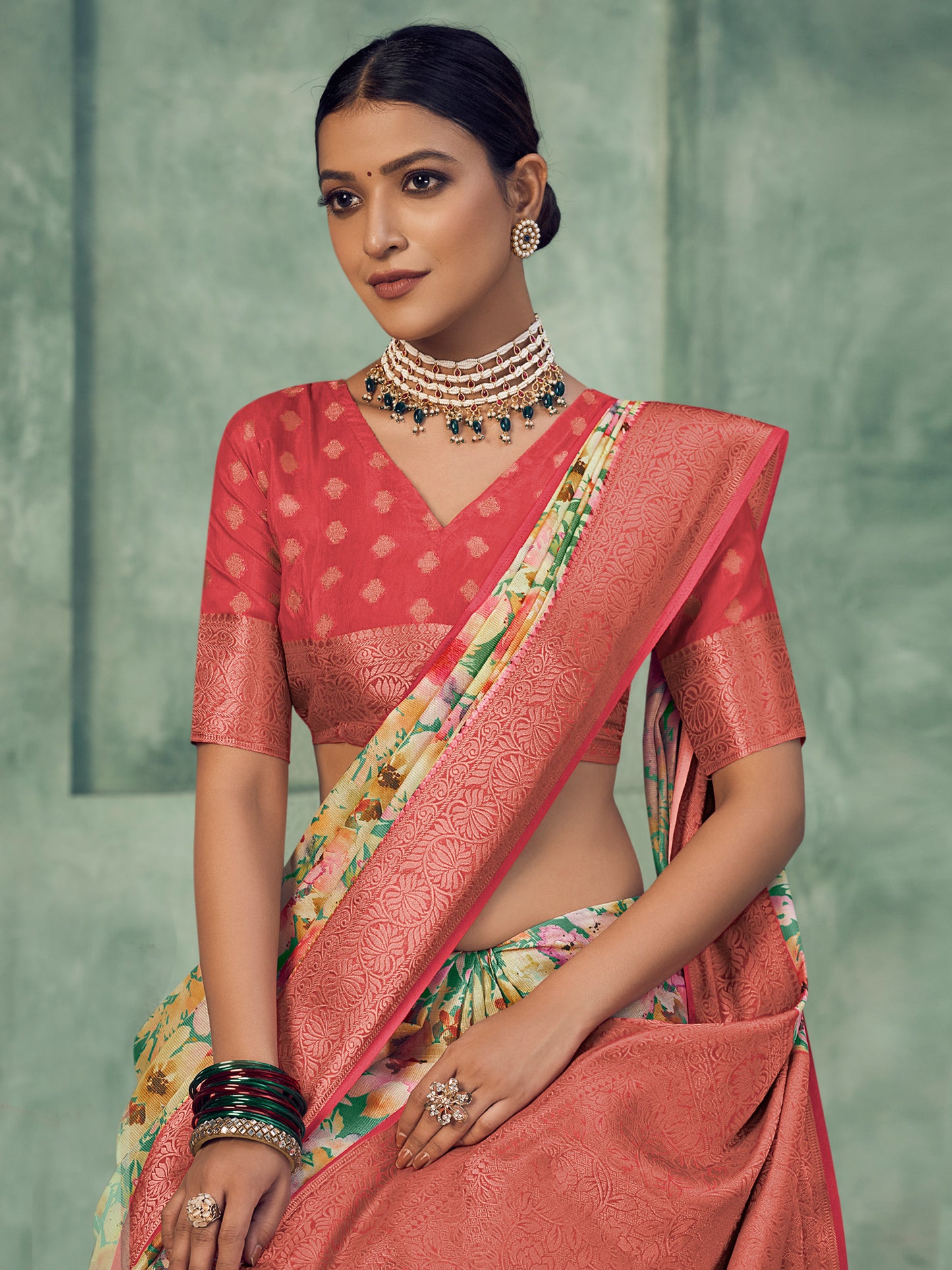 Women's Tussar Silk Teal green Digital Print Celebrity Saree With Blouse Piece