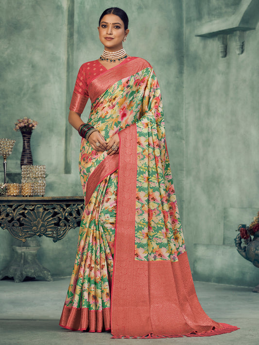 Women's Tussar Silk Teal green Digital Print Celebrity Saree With Blouse Piece