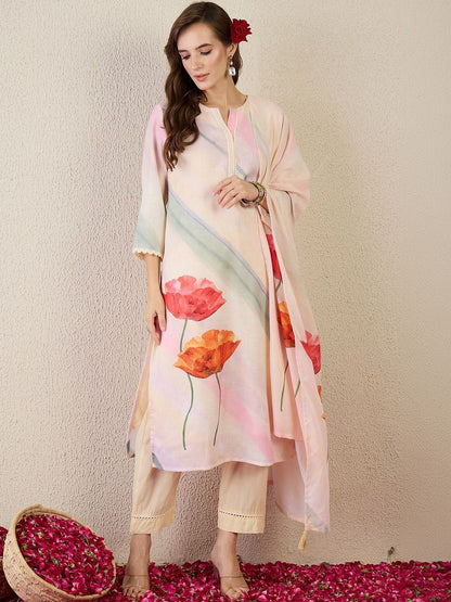 Women Floral Printed Regular Linen Kurta with Trousers & With Dupatta