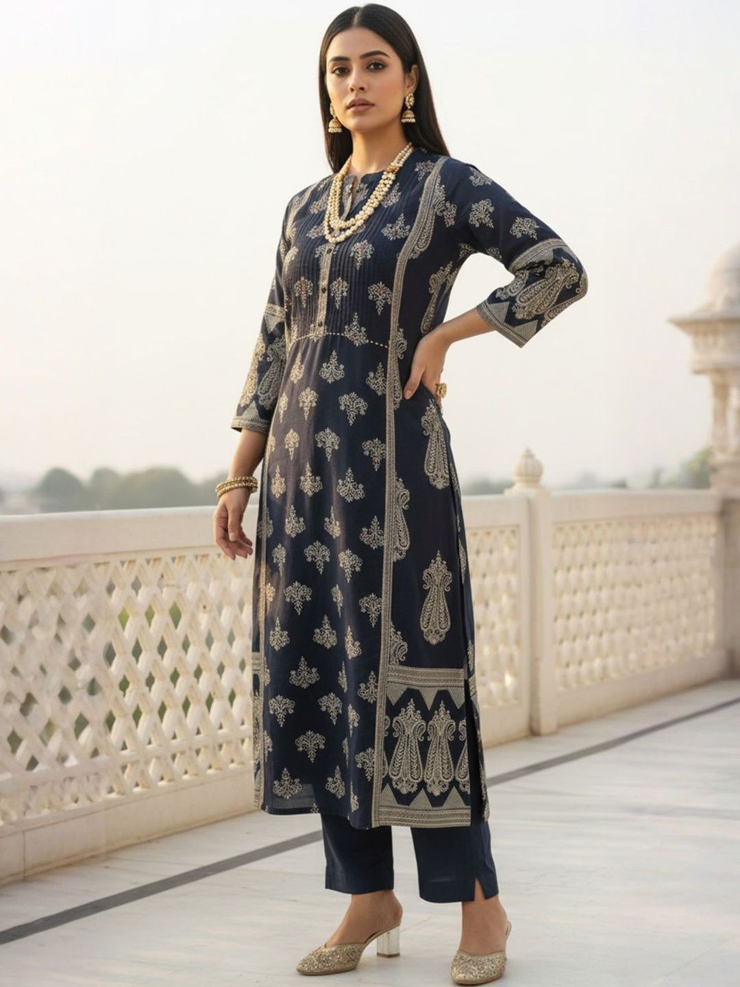 Dhiyona IE Women Ethnic Motifs Printed Pure Cotton Kurta with Trousers