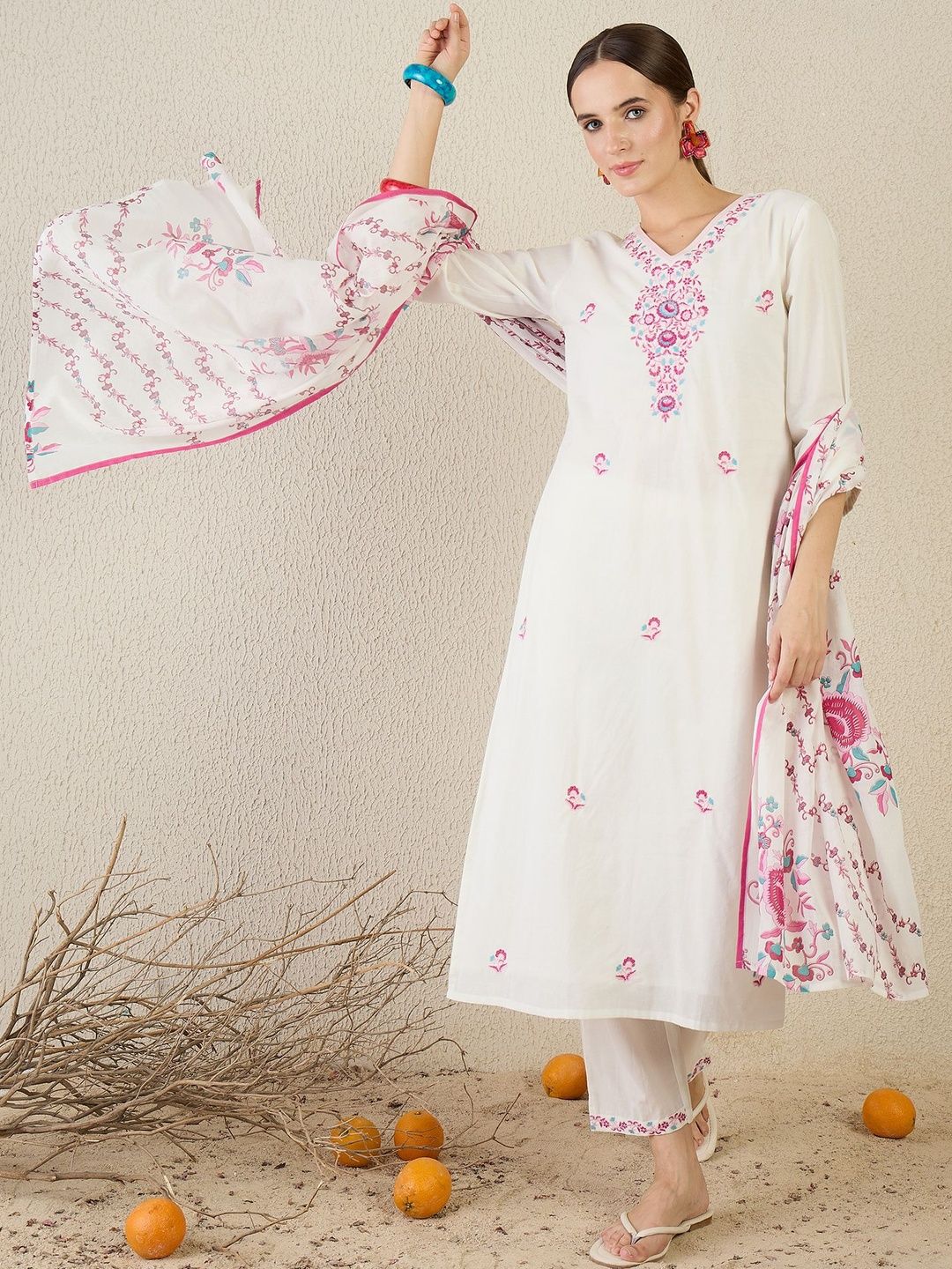 Dhiyona IE Ethnic Motifs Embroidered Thread Work Pure Cotton Kurta With Trouser & Dupatta