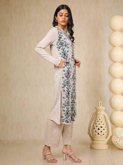 Dhiyona SO Women's Off White Floral Woven Design Mandarin Collar Acrylic Straight Kurta With Trouser