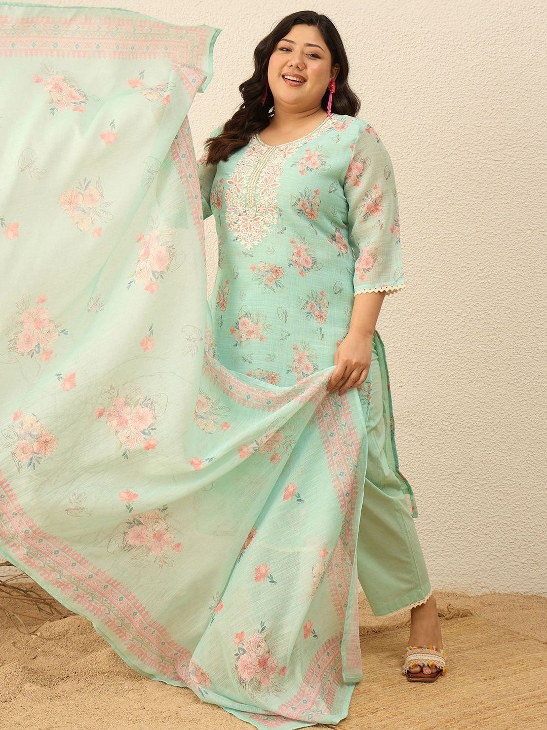 Dhiyona Women's Floral Embroidered Regular Gotta Patti Kurta with Trousers & With Dupatta