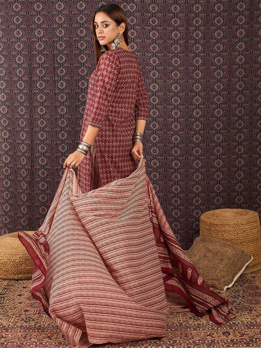 Ethnic Motifs Printed Sequinned Pure Cotton Kurta With Trousers & Dupatta