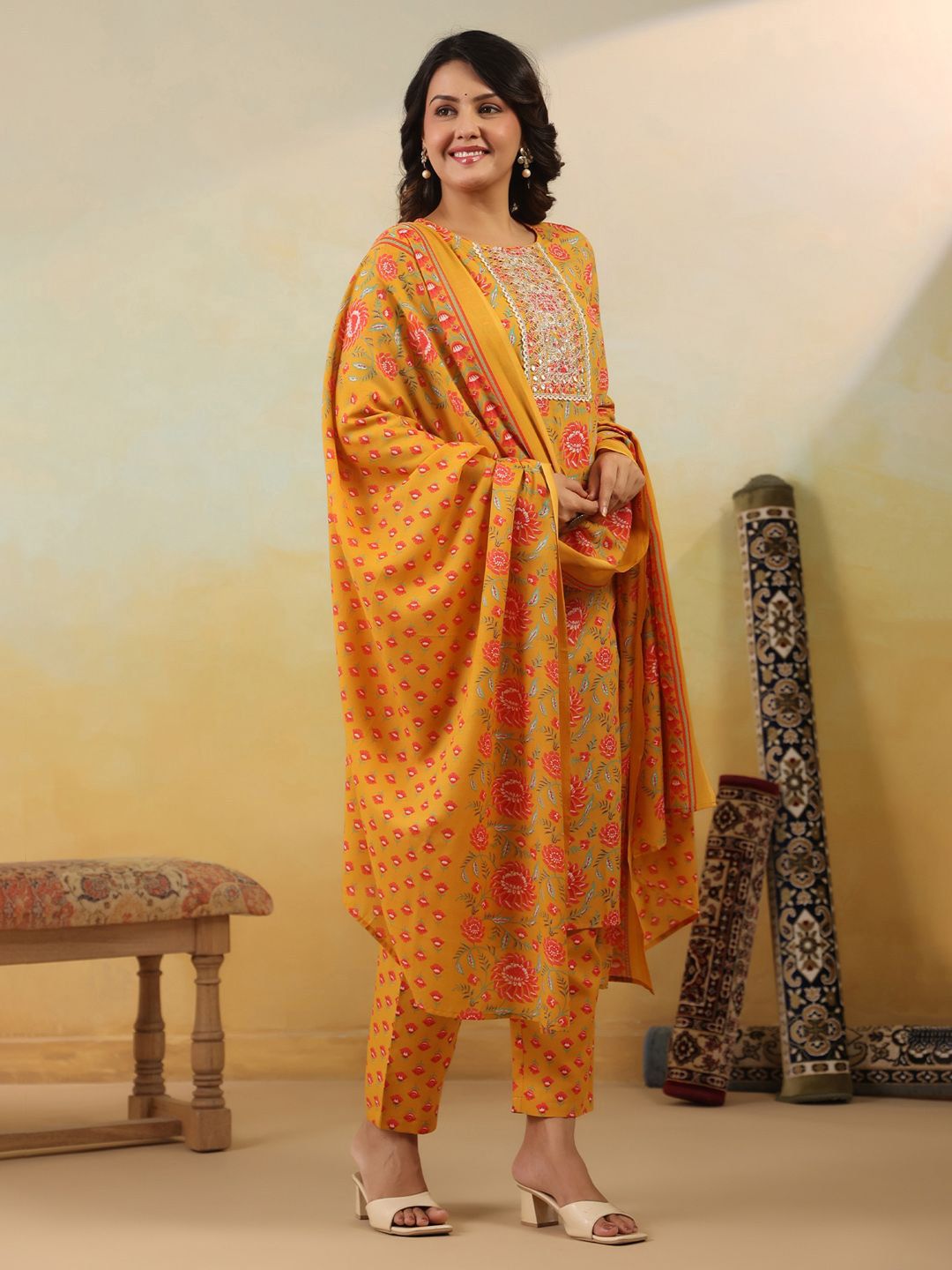 Floral Embroidered Regular Kurta With Trousers & Dupatta