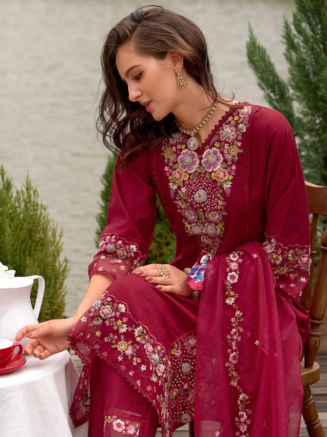 Women Floral Embroidered Kurta with Trousers & Dupatta