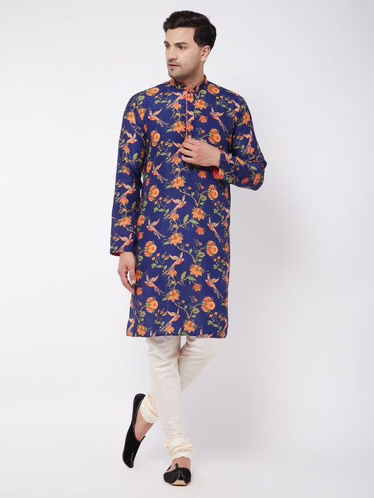 Men's MulticoloredBaseBlue Muslin Straight Kurta Pyjama Set