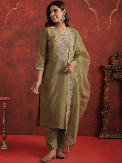 Ethnic Motifs Embroidered V-Neck Straight Kurta With Trousers & Dupatta