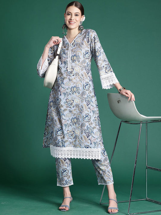 Dhiyona IE Women Floral Printed Regular Pure Cotton Kurta with Trousers