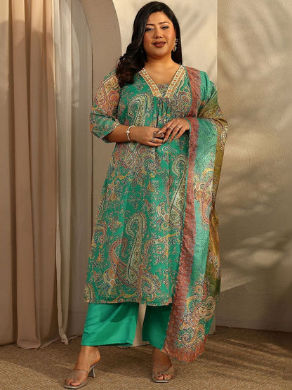 Dhiyona Women's Plus Size Paisley Printed Kurta with Trousers & With Dupatta