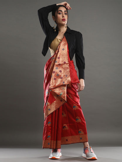 Women's Silk Blend Red Woven Design Designer Saree With Blouse Piece