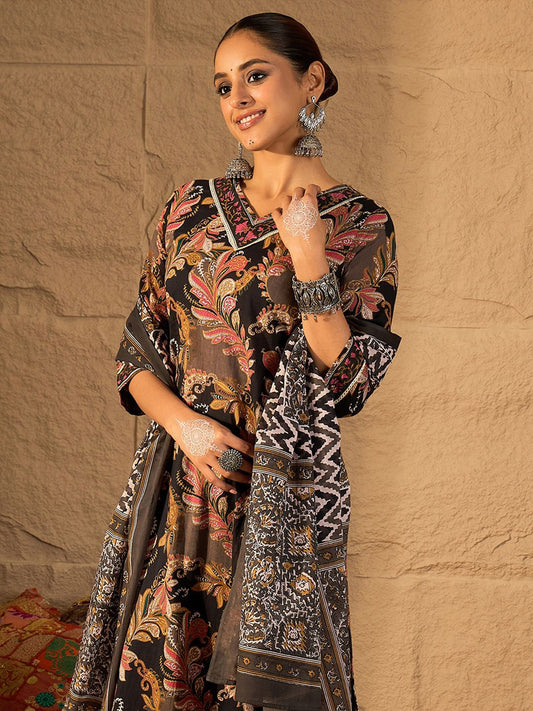 Dhiyona IE Women's Women Floral Embroidered Pure Cotton Kurta with Trouser & Dupatta