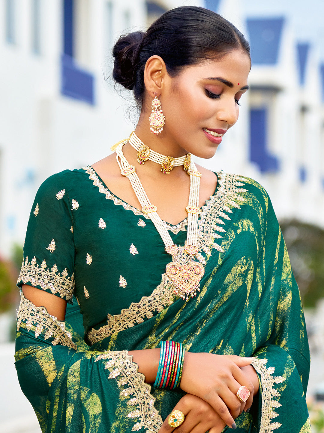 Women's Chiffon Green Embellished Designer Saree With Blouse Piece