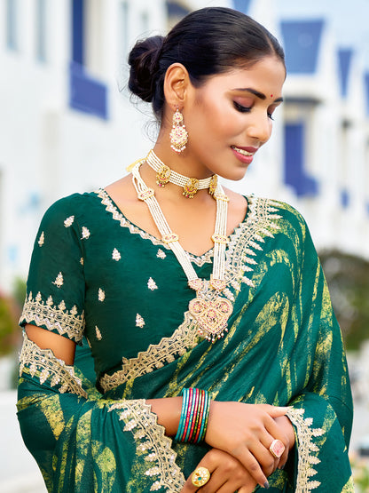 Women's Chiffon Green Embellished Designer Saree With Blouse Piece