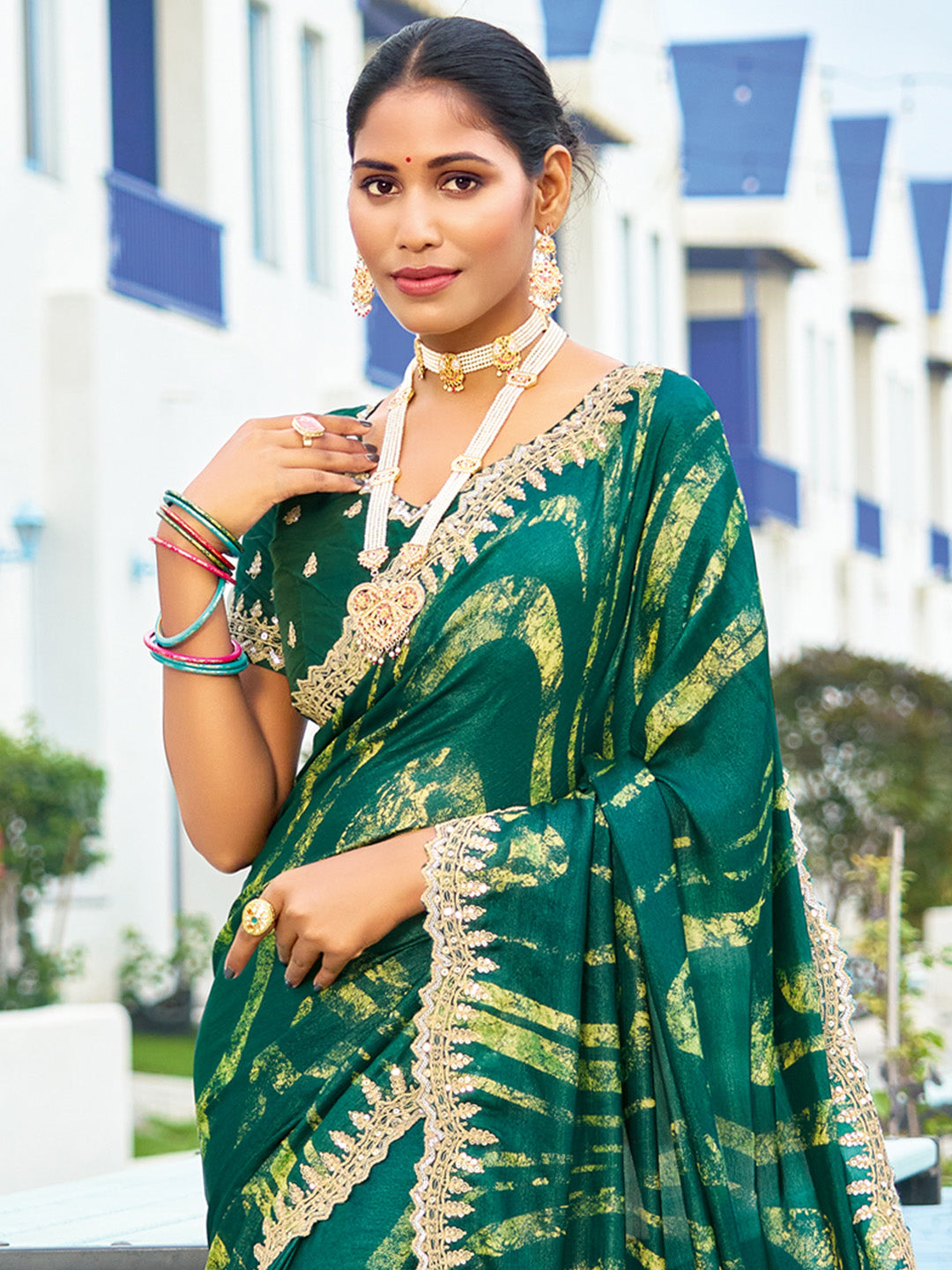 Women's Chiffon Green Embellished Designer Saree With Blouse Piece