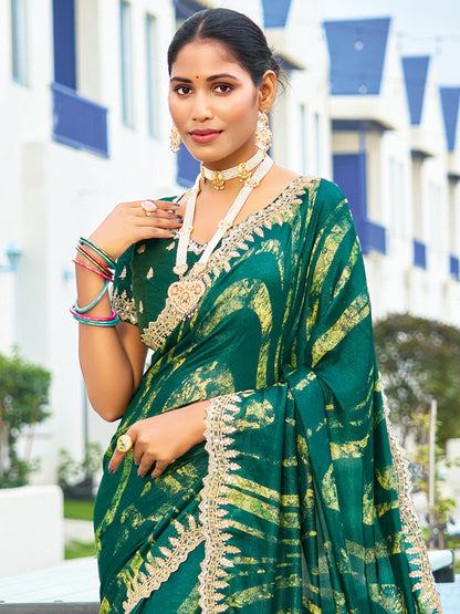 Women's Chiffon Green Embellished Designer Saree With Blouse Piece
