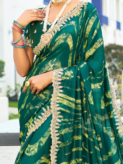 Women's Chiffon Green Embellished Designer Saree With Blouse Piece