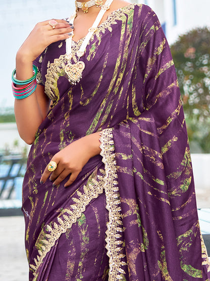 Women's Chiffon Purple Embellished Designer Saree With Blouse Piece