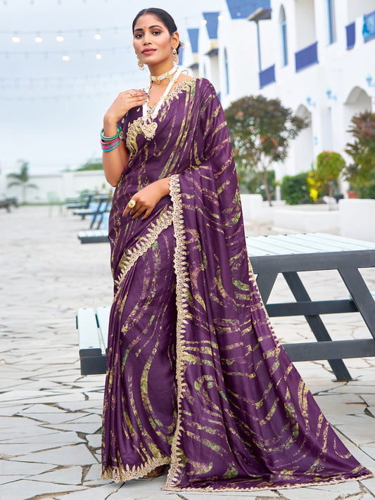 Women's Chiffon Purple Embellished Designer Saree With Blouse Piece